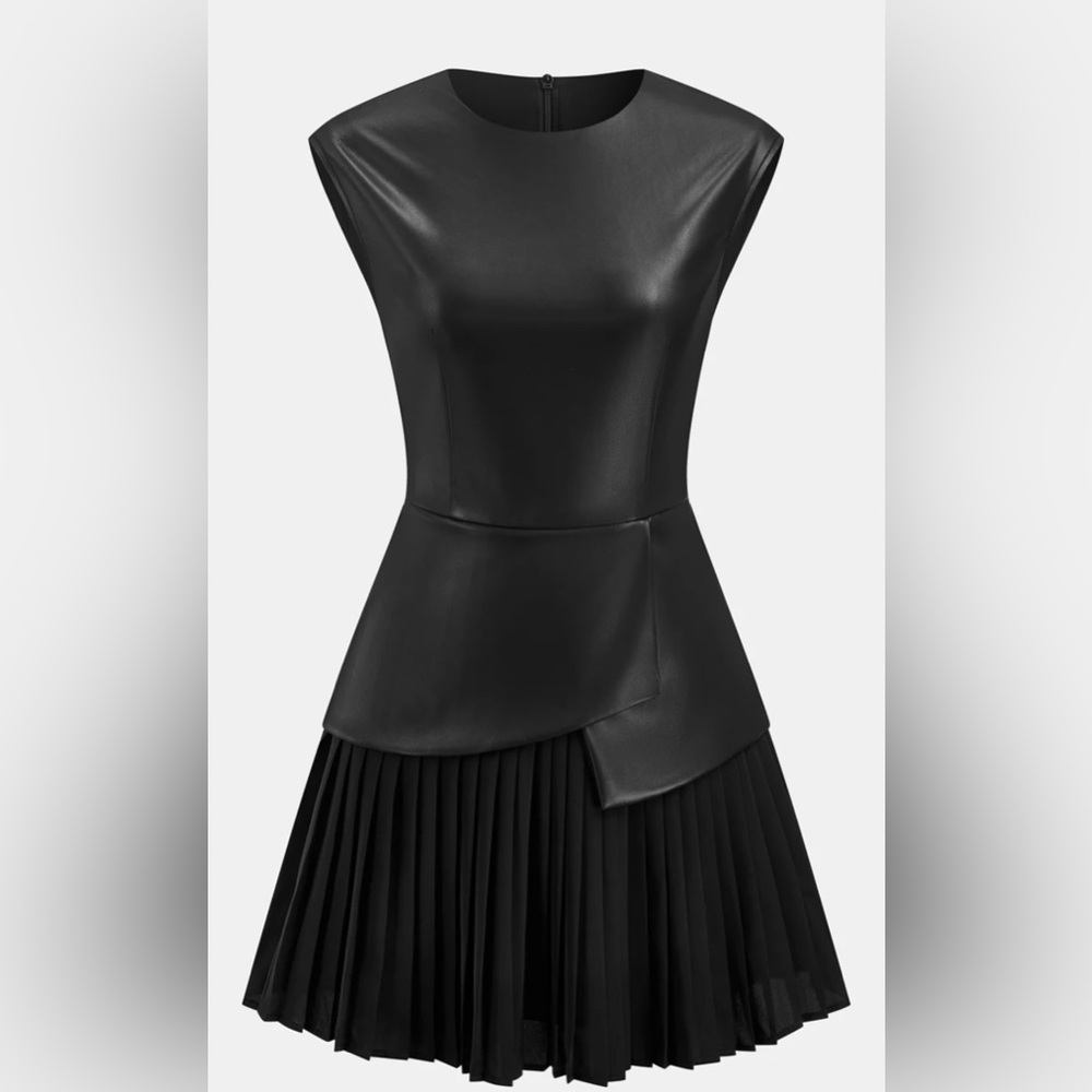 NWT- Mini Pleated Panel Sleeveless PU Leather Dress - Picture 2 of 7